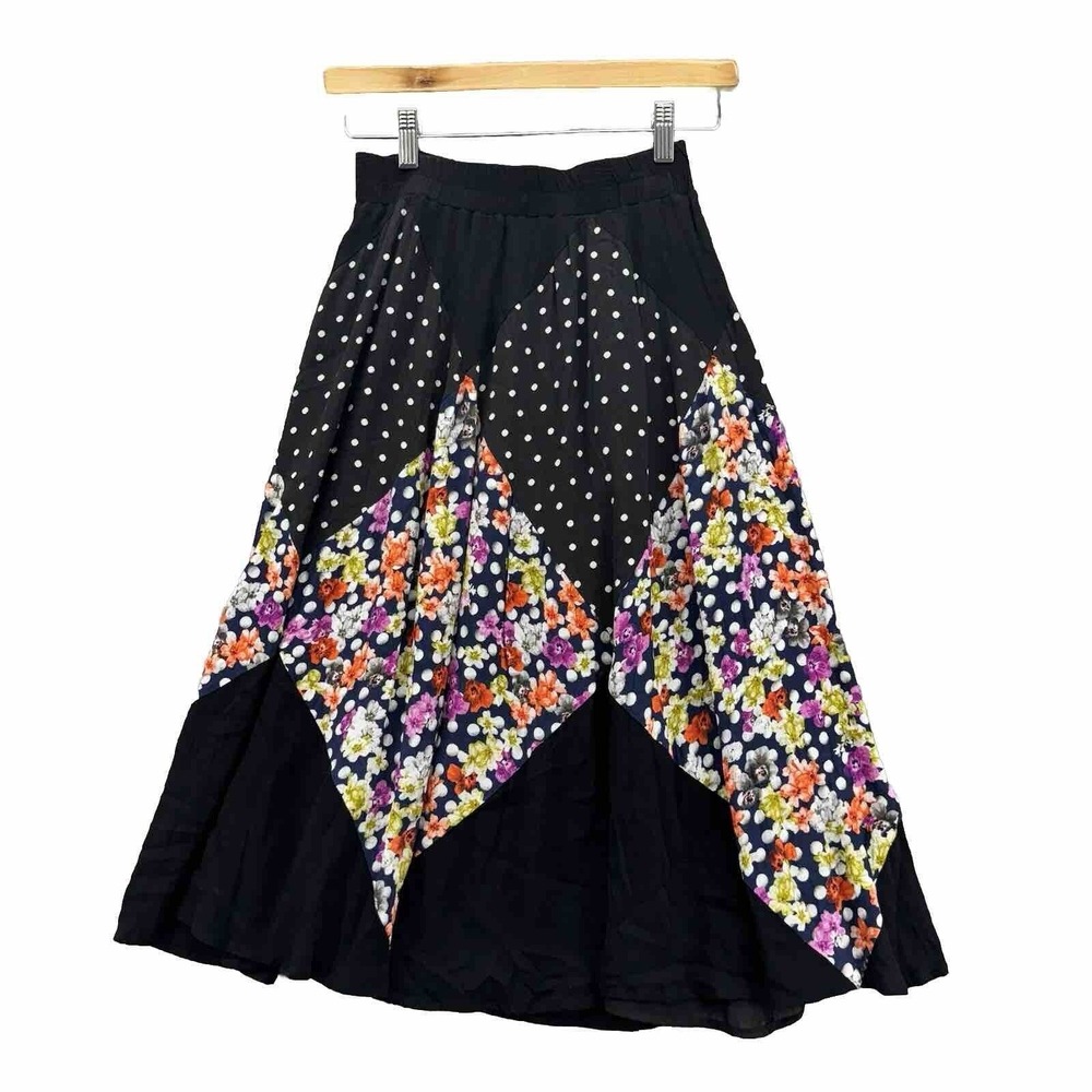 Maeve Anthropologie Patchwork‎ Floral Midi Skirt Size XS Black Polka Dot Boho